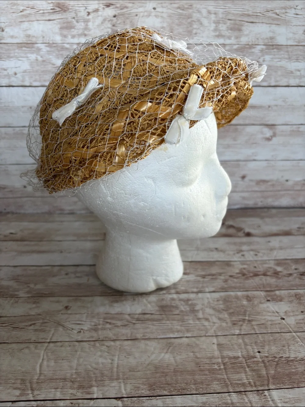 Straw Pillbox Hat with White Veil and Bows